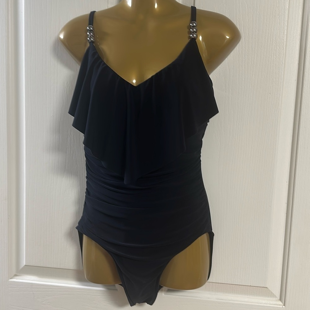 MAGIC SUIT Black V Neck with Beads Sz 10 Slimming One Piece